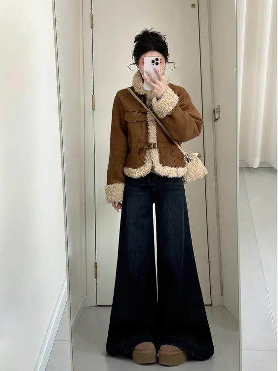 秋冬穿搭一整套女美拉德复古毛茸茸加绒保暖外套搭配牛仔裤两件套