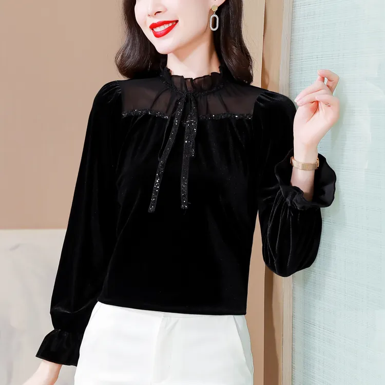 秋冬法式复古重工优雅雪纺领百搭修身气质丝绒上衣亮片洋气打底衫