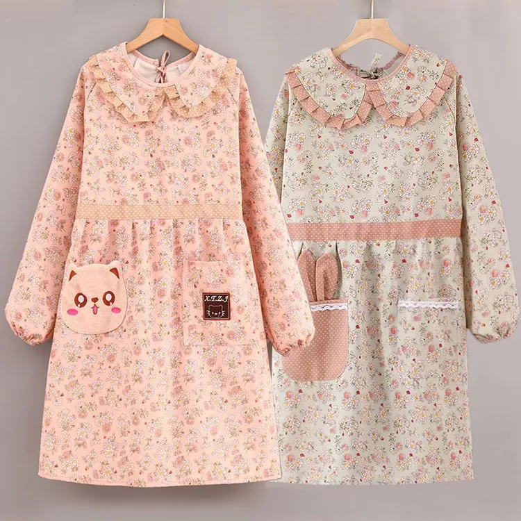 长袖罩衣时尚可爱防污舒适透气成人做饭家用加肥款围裙女士工作服