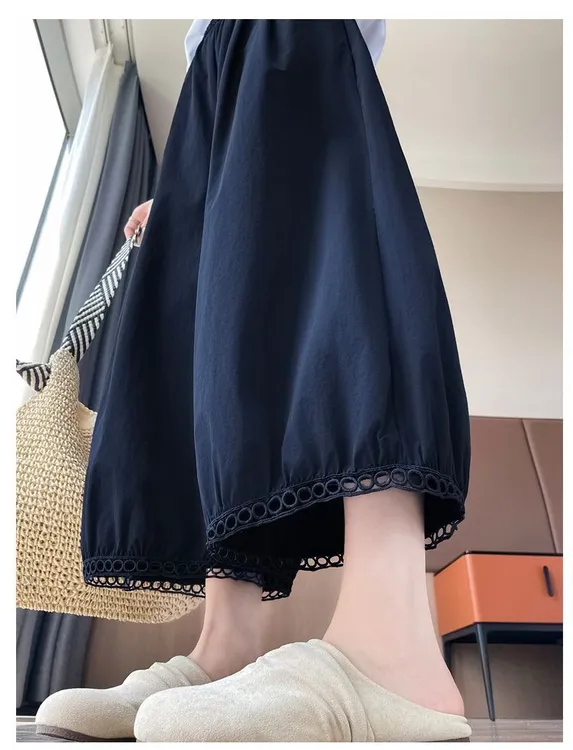 夏季薄款镂空花边垂坠阔腿九分灯笼裤女休闲直筒气球裤