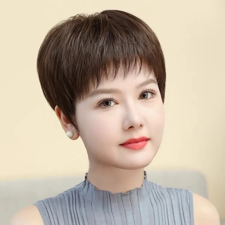 假发短直发中老年妈妈款女全真人发透气轻薄碎刘海真头皮自然逼真