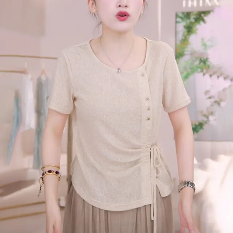 杏色系带褶皱t恤女2025夏季修身显瘦时尚遮肉设计感半袖休闲上衣