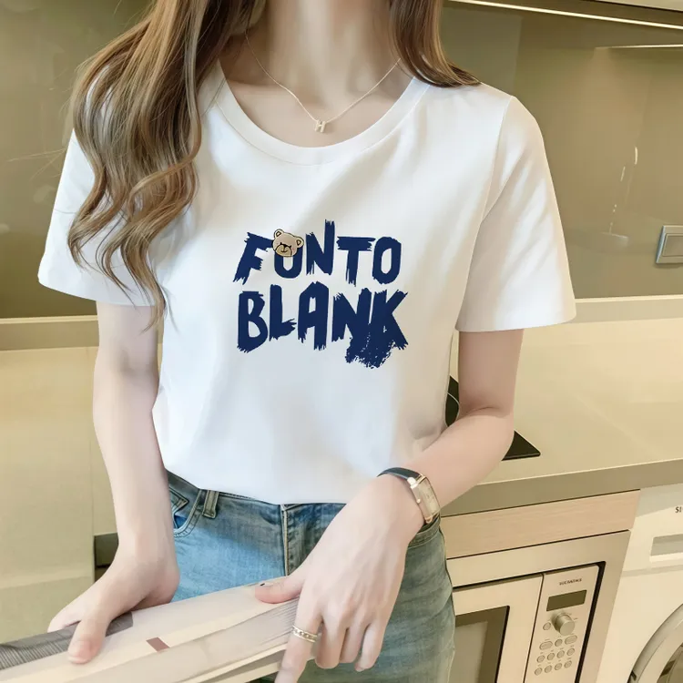 夏季短袖常规款平口下摆T恤女白色正肩宽松t恤休闲卡通印花上衣