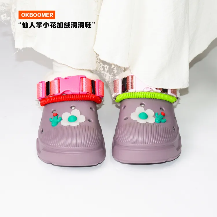 OKBOOMER仙人掌小花加绒洞洞鞋冬季外穿厚底时尚休闲一脚蹬毛毛鞋