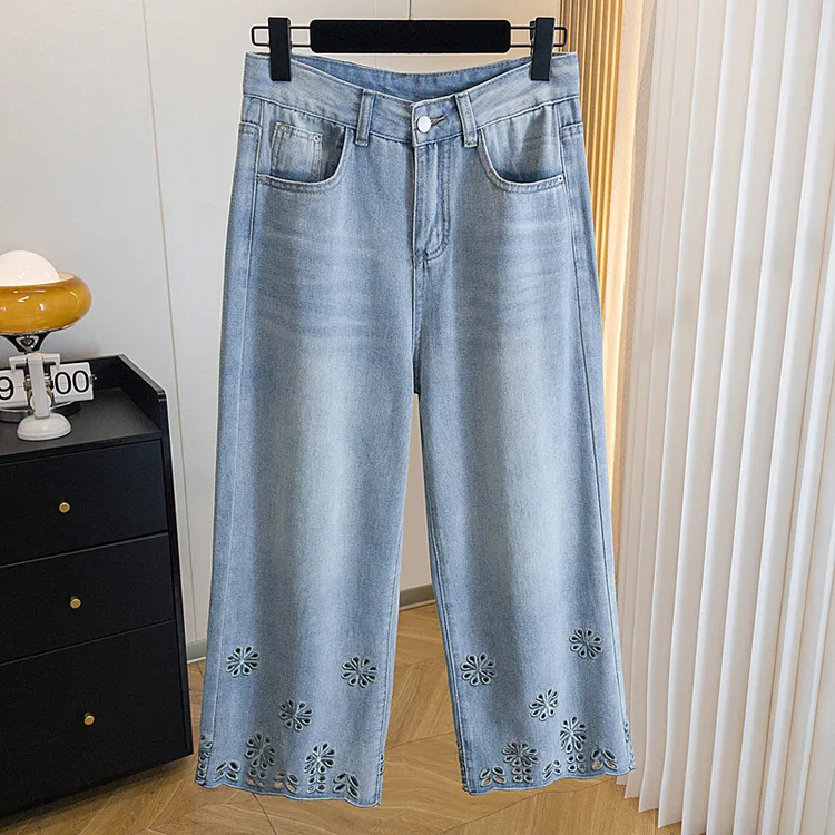 2025夏季网红爆款镂空钩花牛仔裤女胖妹妹高腰显瘦宽松直筒九分裤