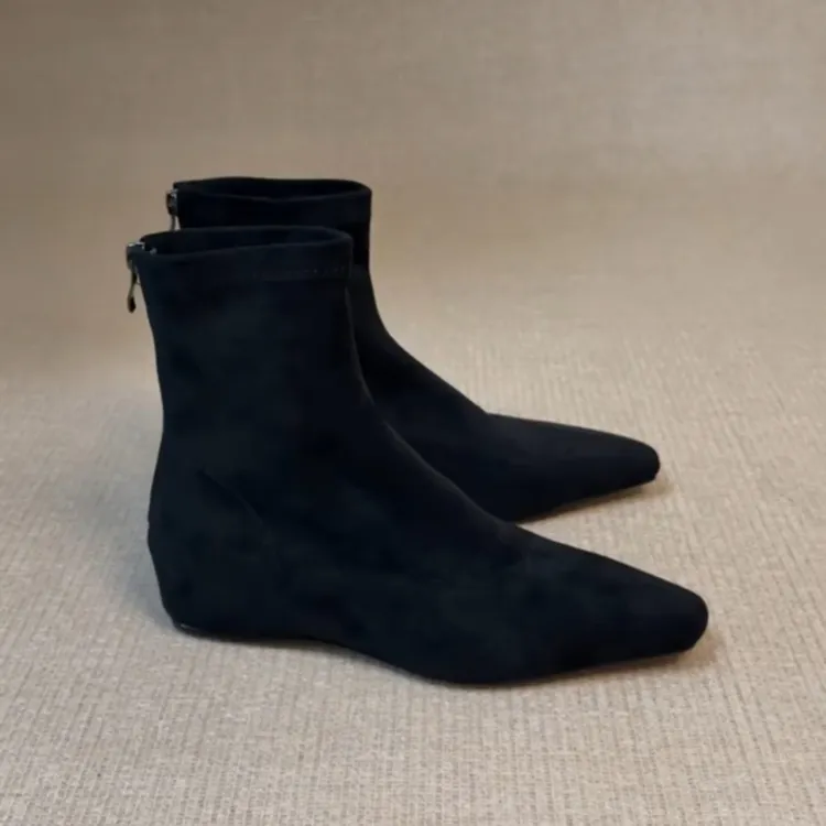 羊皮版~新款内增高短靴通勤单靴后拉链坡跟靴子方头弹力瘦瘦靴女