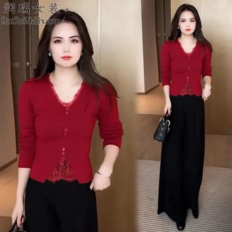 气质优雅时尚套装女2025秋季新款蕾丝拼接长袖打底衫阔腿裤两件套