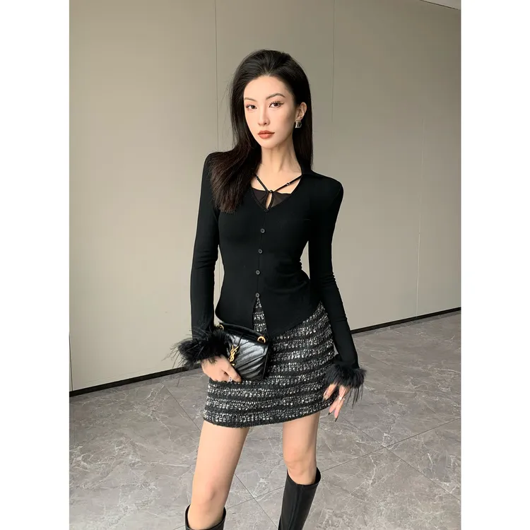 JIJINQI时尚修身百搭镂空长袖秋季黑色辣妹打底上衣女JC12SZHM130