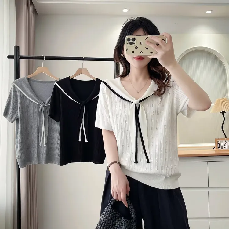 海军领宽松型短袖女夏季毛针织衫大码减龄学院风格T恤上衣