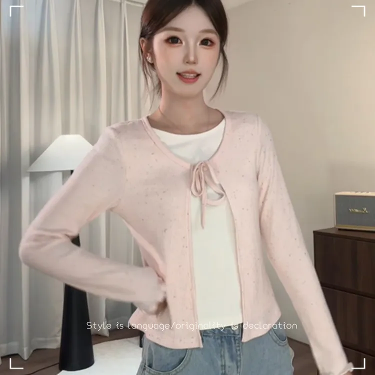 甜美绑带蝴蝶结撞色圆领假两件拼接针织衫内搭设计感修身显瘦上衣