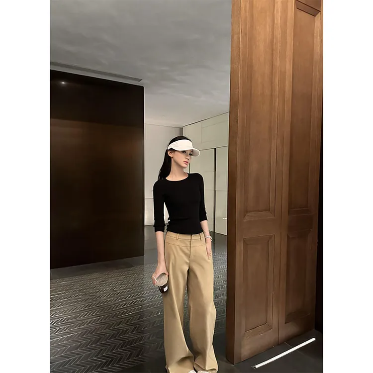新款休闲百搭时尚气质纯色黑色T恤上衣高腰显瘦宽松西裤阔腿裤女