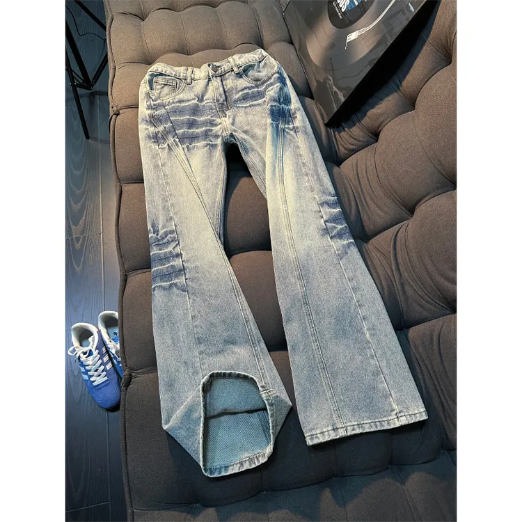 美式复古斜切闪电纹水洗牛仔裤男cleanfit高街显瘦裤子直筒微喇裤