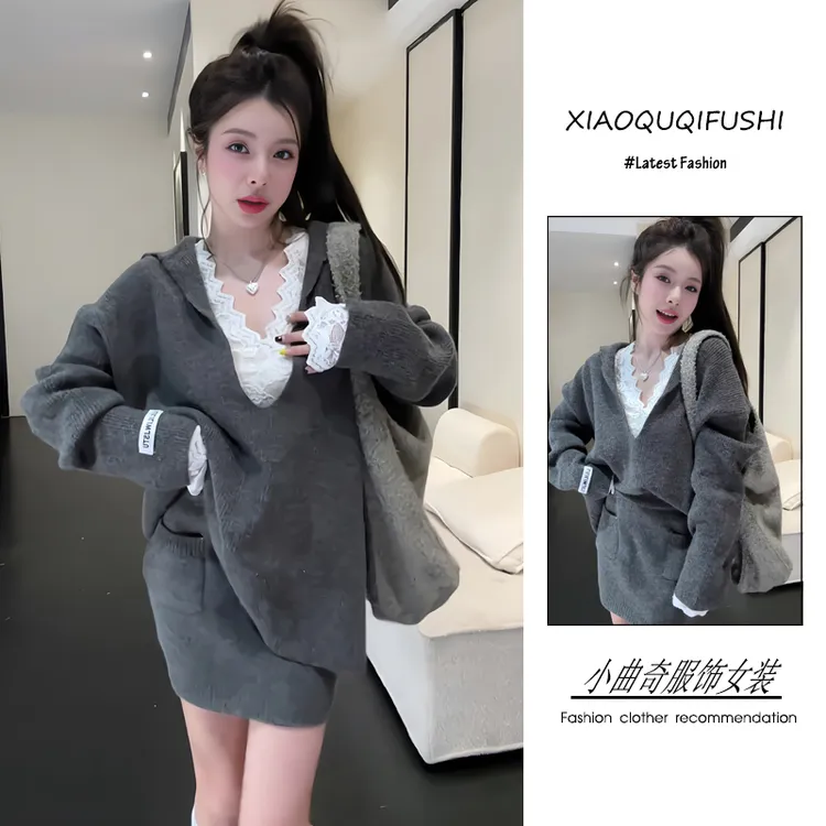 冬季穿搭一整套装女韩版2025年新款松弛感洋气毛衣蕾丝短裙三件套