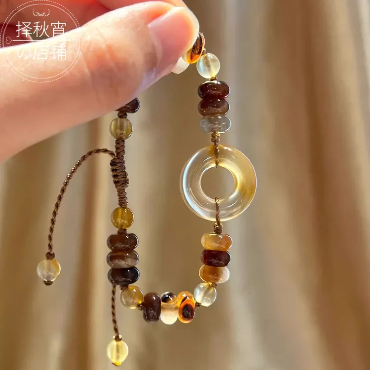 铜合金亚克力手链 新中式复古棕色平安扣手链女国风手饰精致气质