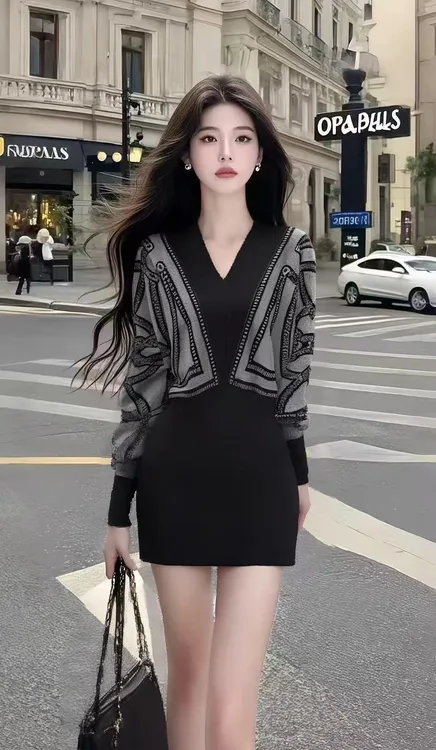 温柔风时尚撞色V领长袖设计感上衣+黑色包臀百搭半身裙女两件套