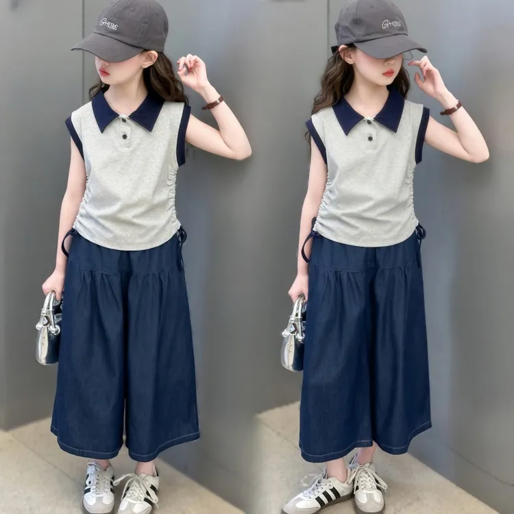女童夏装套装2025新款儿童洋气薄款无袖Polo短袖夏季阔腿裤两件套