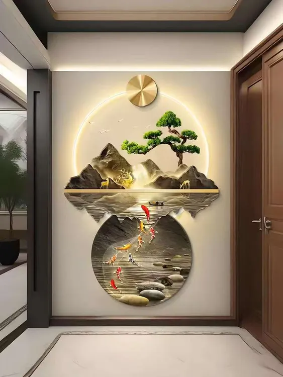 九鱼聚财玄关装饰画福禄九鱼流水生财入户正对门背景墙画山水挂画