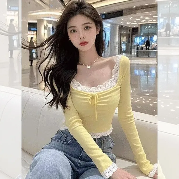 法式甜美蕾丝拼接长袖打底衫女春季新款高级感系带短款花边领上衣