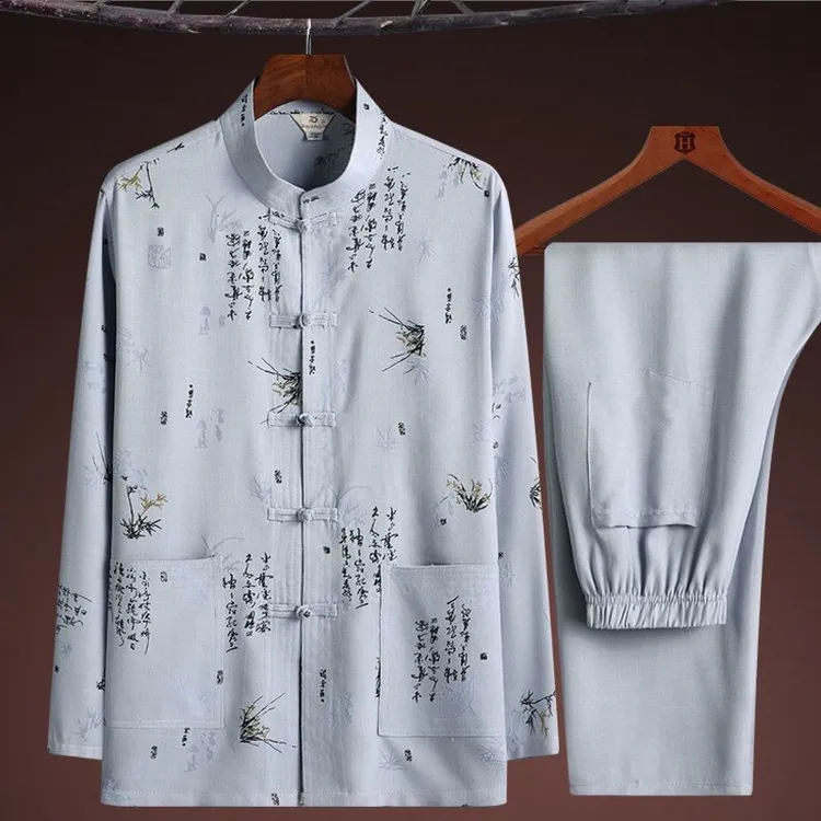夏季新款长袖汉服男休闲套装中国风老年爸爸装中年潮