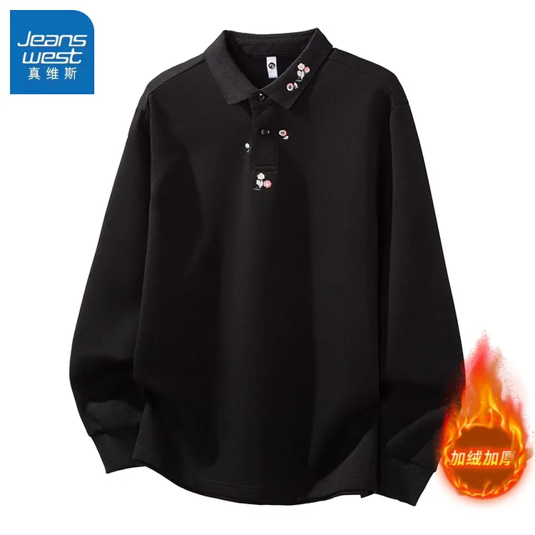 真维斯中国风加绒加厚长袖POLO衫男士秋冬新款宽松百搭休闲上衣服