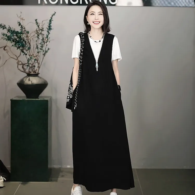 溶溶T【山间暮夏】RONG V领半开襟拉链极简显瘦小个子连衣裙10079