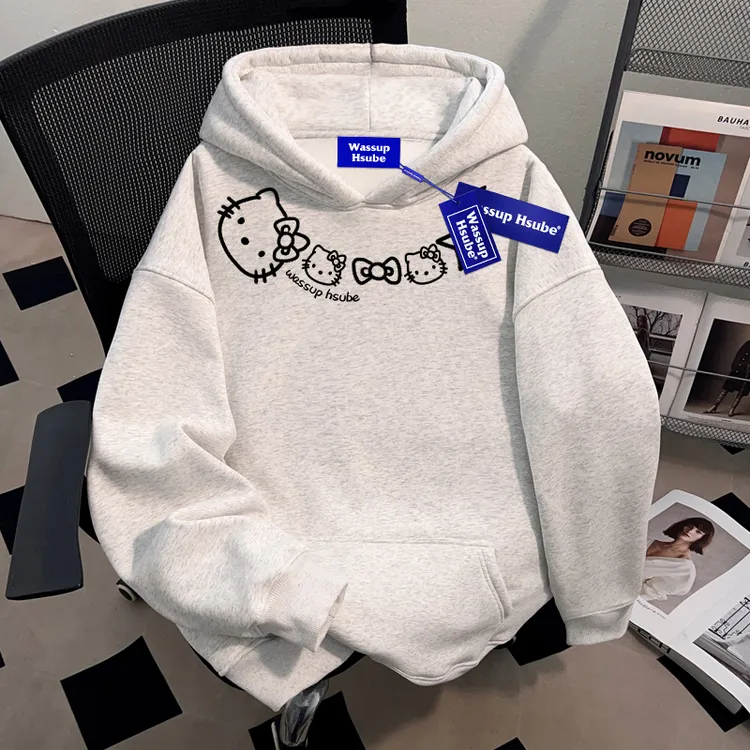 WASSUP HSUBE设计感HelloKitty情侣连帽卫衣小众百搭休闲套头上衣