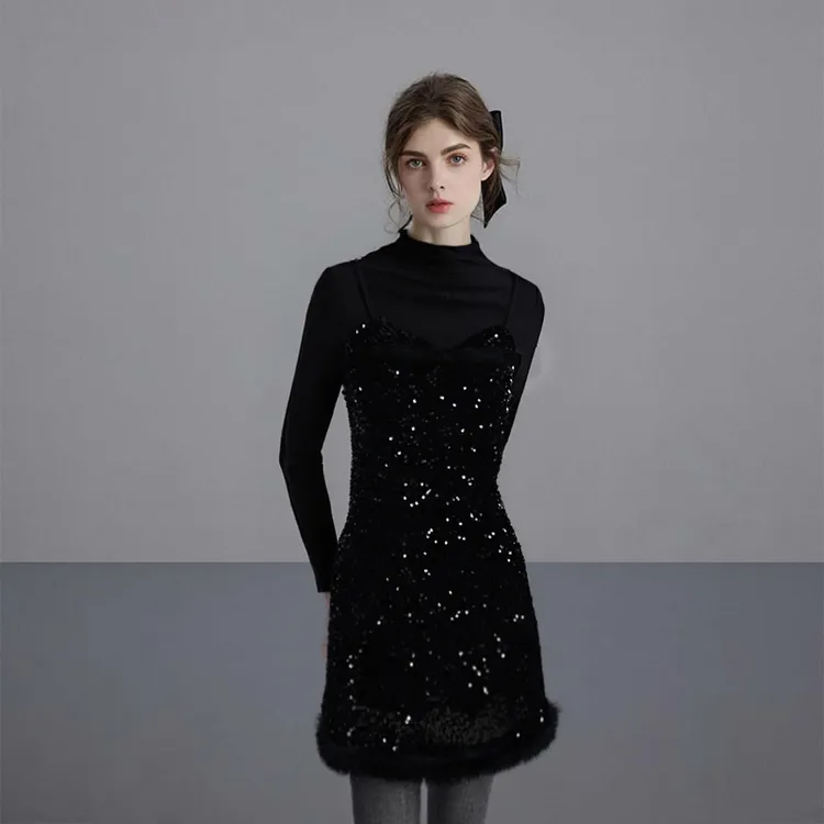 【有里布】秋冬富家千金感穿搭小香风假两件连衣裙时尚百搭QY0231