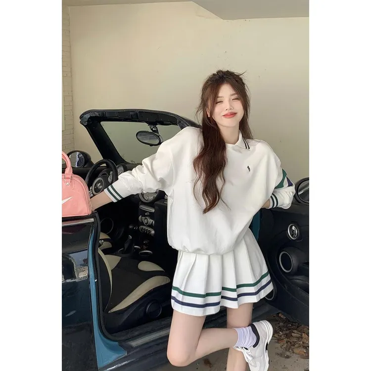 条纹运动polo领卫衣女早秋美式覆古长袖外套白色辣妹宽松短款上衣