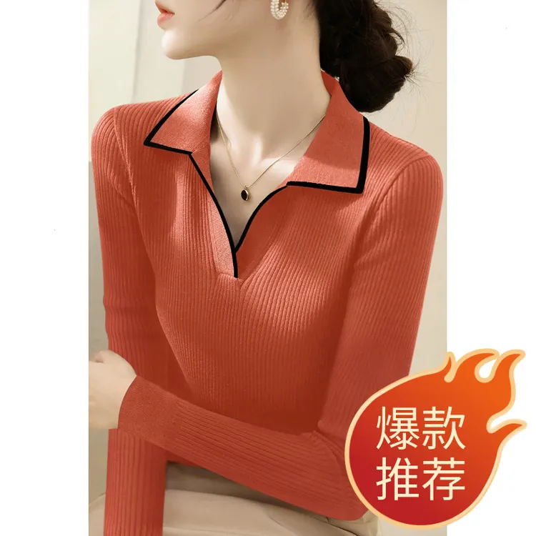 2025新款女装拼色内搭POLO领针织衫秋季长袖毛衣修身显瘦打底上衣