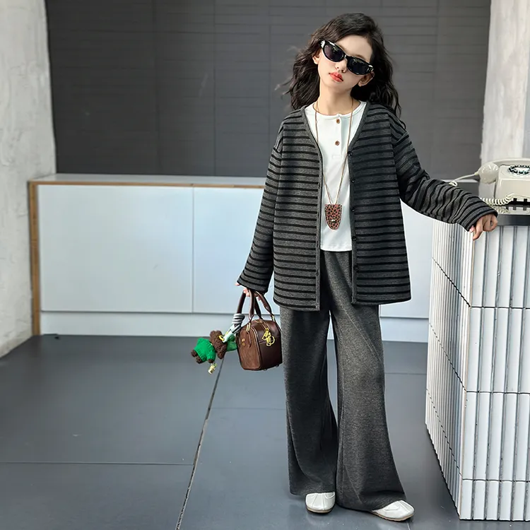 女童秋季开衫外套长袖打底休闲裤三件套2025新款大童女孩秋装套装