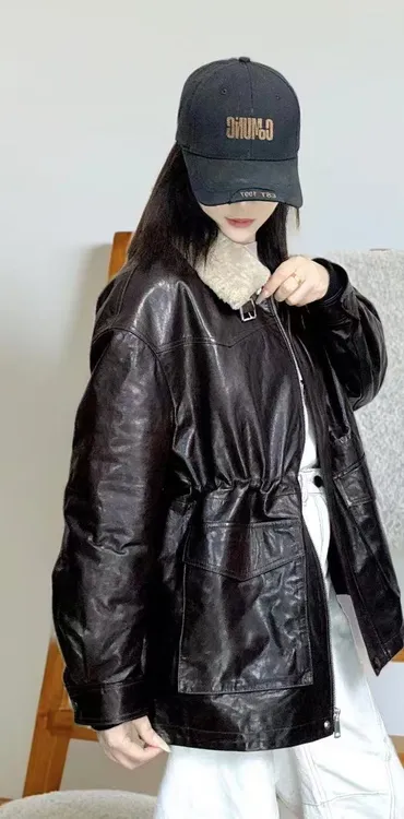 2025女头层绵羊皮油蜡工艺休闲时尚真皮中长款加厚保暖鹅绒外套