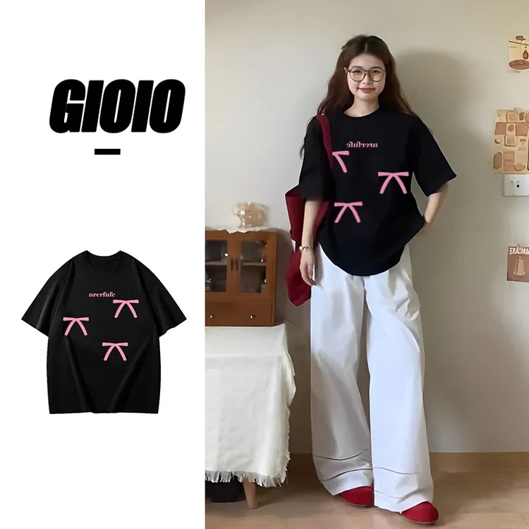GIOIO2025夏季新款宽松小众设计感圆领短袖纯棉休闲百搭女上衣T恤