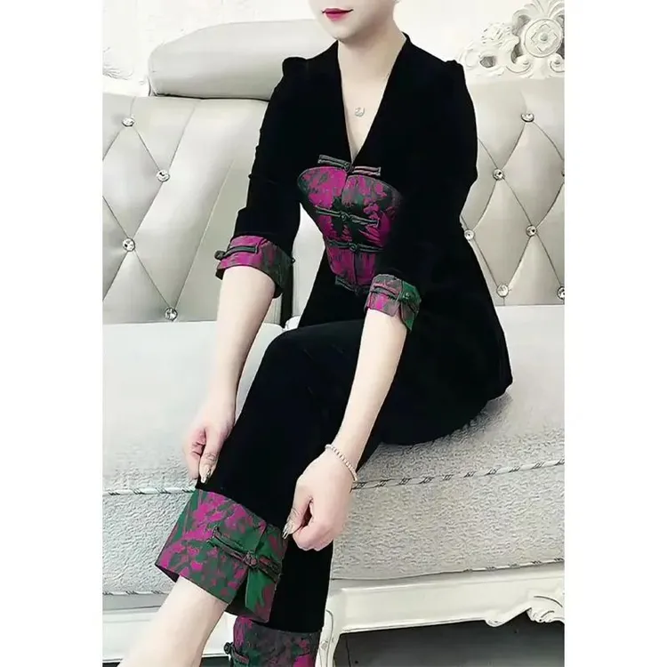 优雅气质新中式贵气套装早秋新款2025套头盘扣上衣宽松长裤两件套