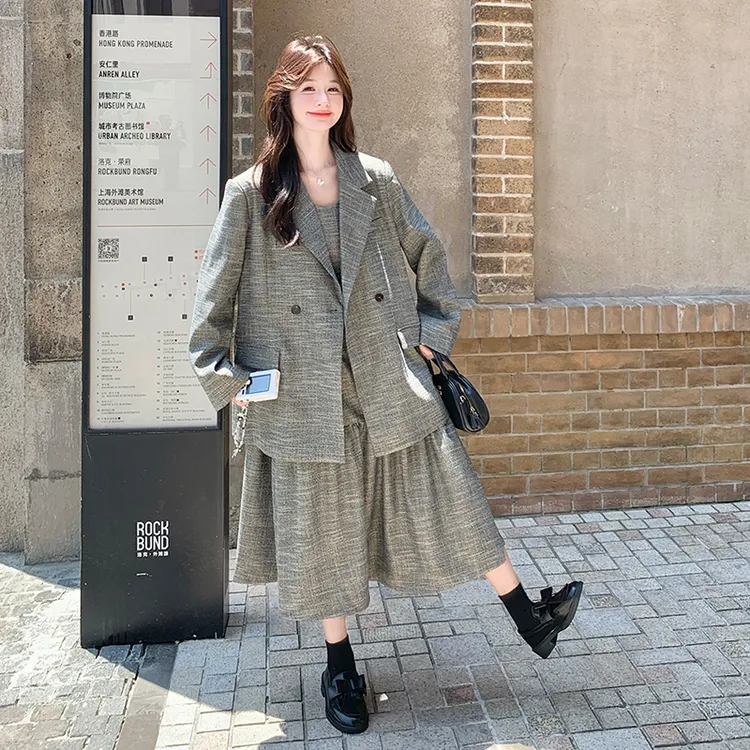 优雅气质风御姐西装外套拼接连衣裙套装2025秋季新款小个子两件套