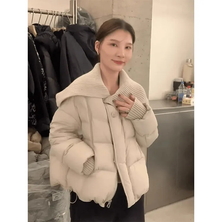 米杏色针织拼接翻领短款棉服外套女2025冬季新款宽松显瘦面包服潮