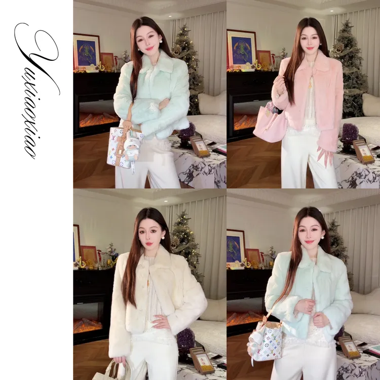 余潇潇【天山奶兔】雷克斯獭兔毛软糯舒适内里薄棉翻领皮草外套保暖