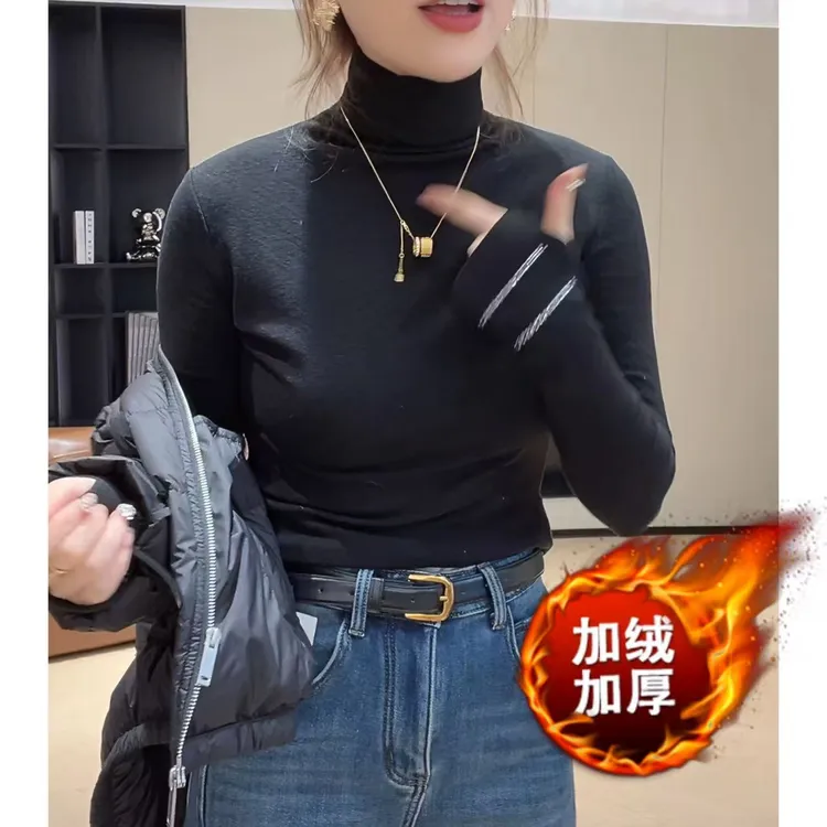 【高领抓绒款】2025秋冬烫钻手袖显瘦保暖打底长袖T恤女通勤上衣潮