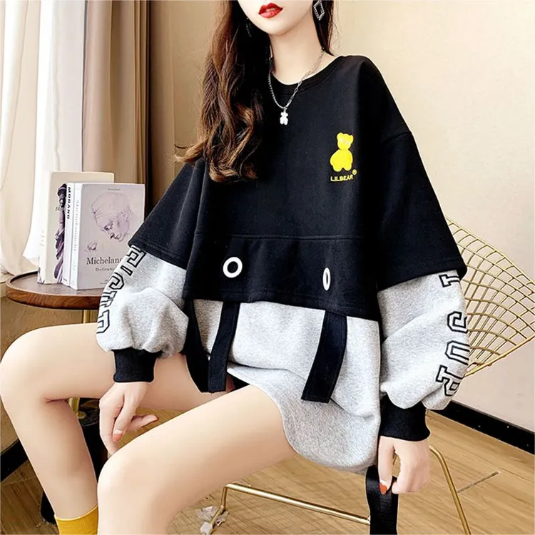 假两件宽松巨显瘦卫衣外套女春秋冬大码胖mm休闲遮肉长袖落肩上衣