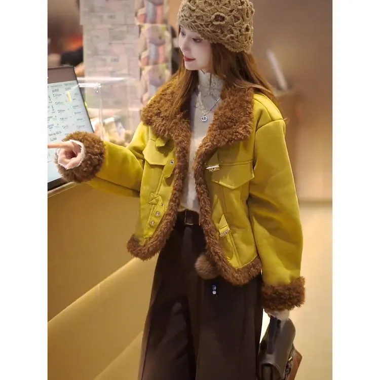 欧货翻领加绒机车外套女2025秋冬新款时尚气质设计百搭小个子上衣