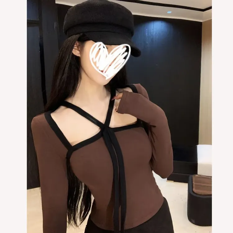 梦优莱辣妹御姐撞色拼接绑带小上衣内搭女秋冬洋气别致显瘦打底衫