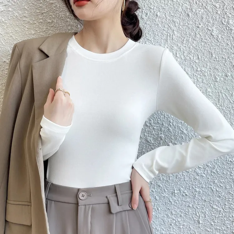 打底衫女春季新款百搭弹力修身显瘦圆领长袖t恤圆领纯色内搭上衣