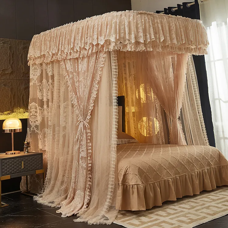 法式双层导轨蚊帐三开门双轨公主蕾丝床幔落地1.5米1.8床加粗支架