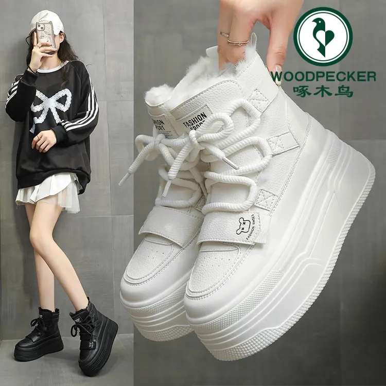 啄木鸟加绒雪地靴女2025冬新款小个子增高厚底高帮棉鞋加厚毛毛鞋