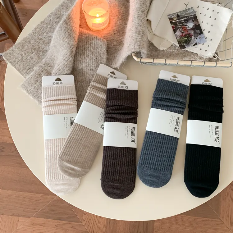 【cici socks】秋冬ins纯色竖坑条中筒微压袜磨毛加厚无骨绵羊毛袜