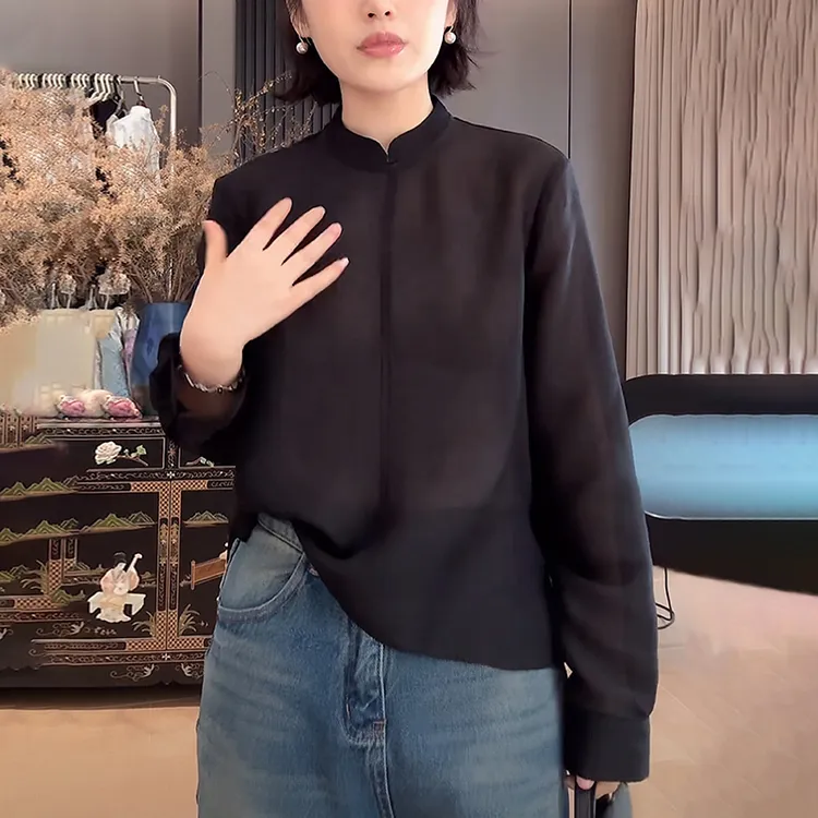 2025秋季新款黑色长袖衬衫女洋气减龄宽松休闲显瘦设计感立领上衣