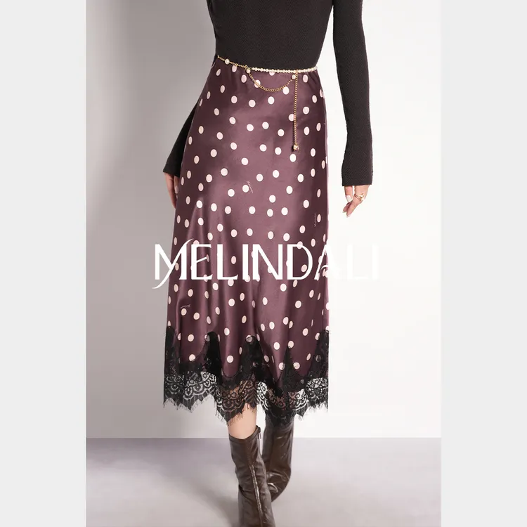 Melinda Li【巴黎美人】黑标26MM桑蚕丝人丝波点印花蕾丝松紧半身裙