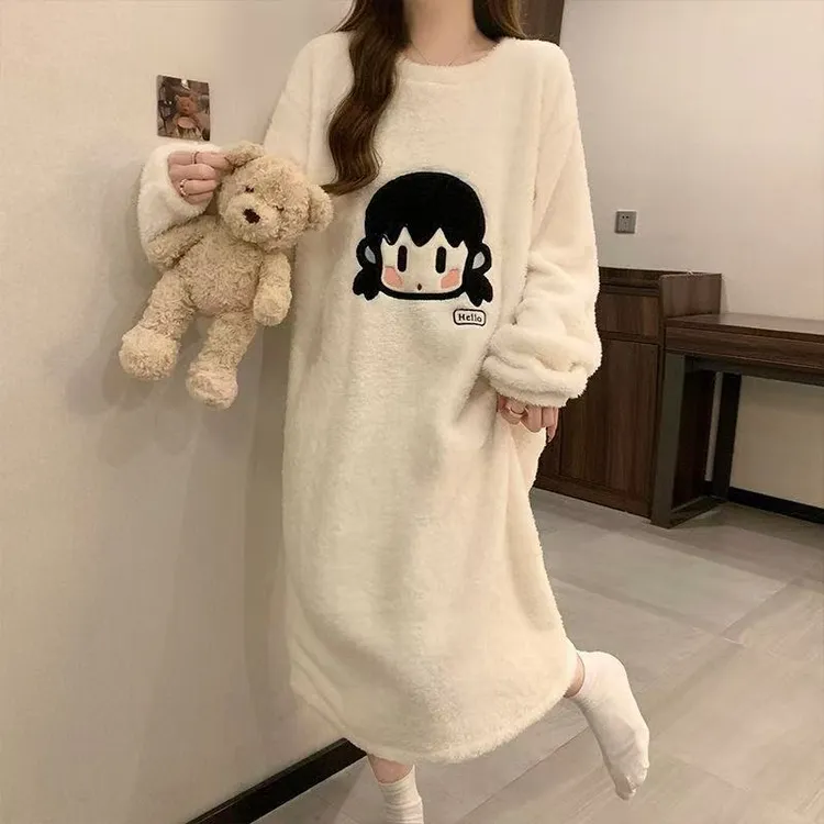 睡衣女冬季法兰绒睡裙女秋冬保暖中长款珊瑚绒可爱加厚学生韩版yw