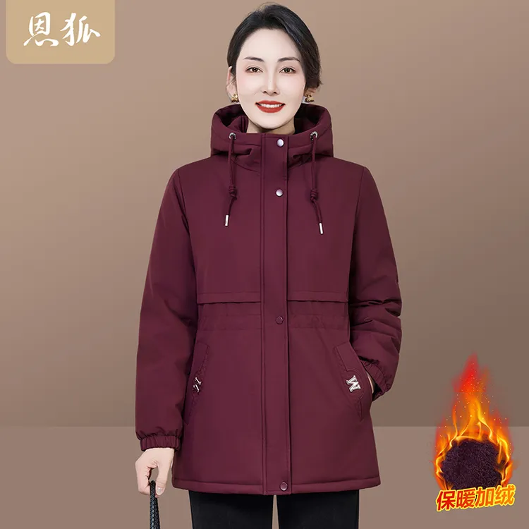 恩狐2025冬季新款中老年女连帽上衣妈妈冬季加绒加厚保暖外套