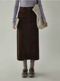 甜粿妹妹咖色灯芯绒a字裙女秋冬高腰显瘦半身百搭长裙