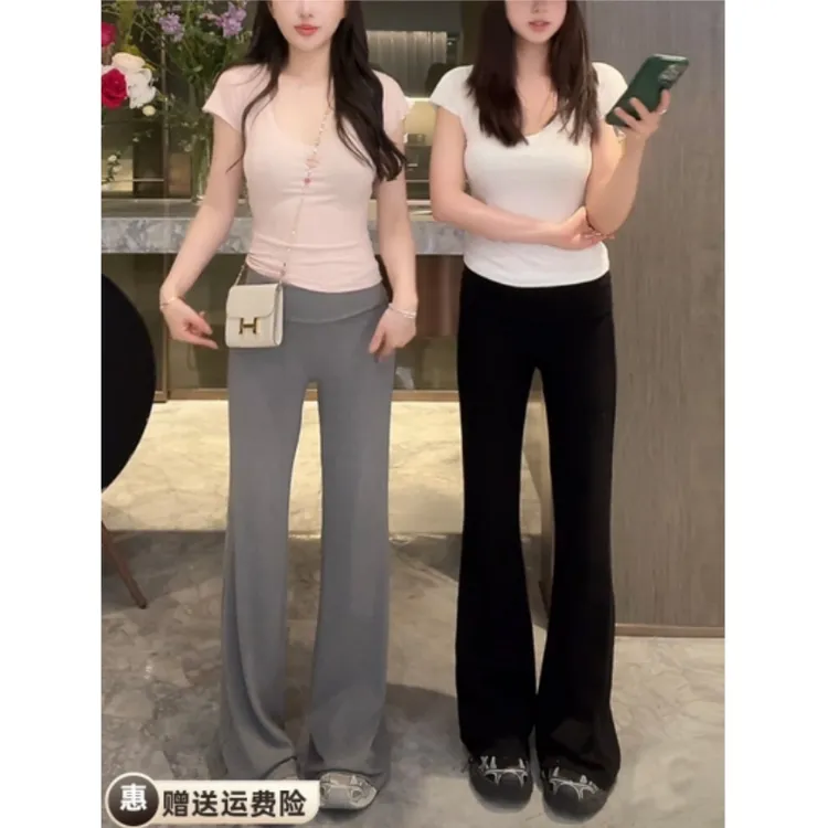 春夏新款腰部翻腰裤子垂垂裤女韩版时尚弹力显瘦百搭休闲